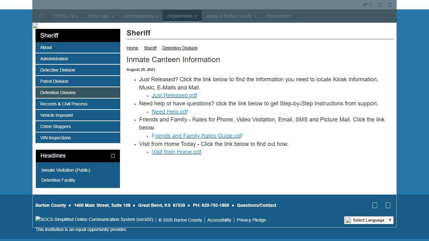 Barton County - Inmate Canteen Information