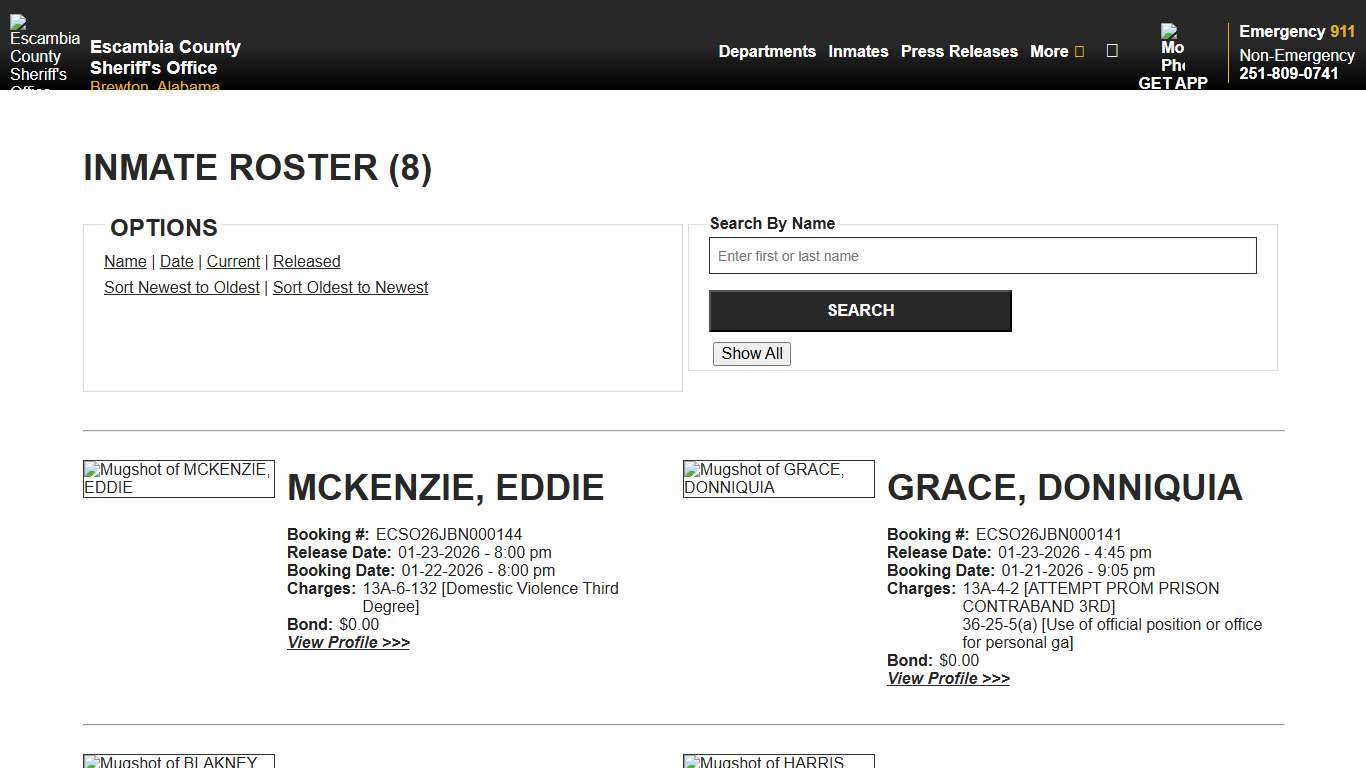Inmate Roster - Released Inmates Booking Date Descending - Escambia County Sheriff, AL