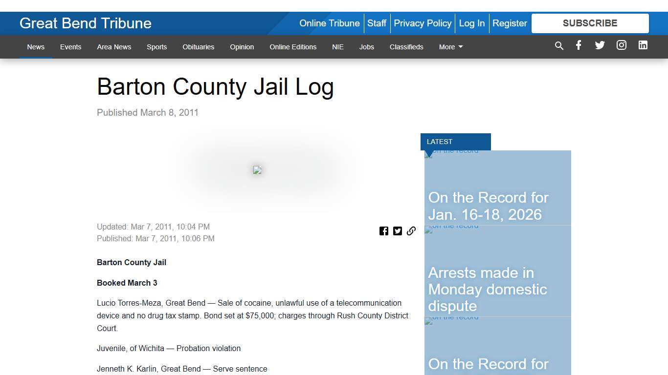 Barton County Jail Log - Great Bend Tribune